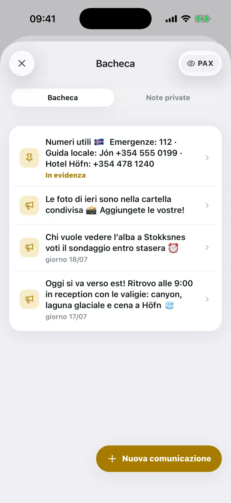 Bacheca con le comunicazioni del gruppo